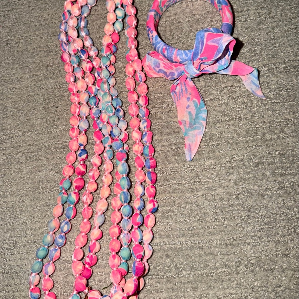 Lilly Pulitzer Pink and Blue Fabric Necklace and Bracelet Set